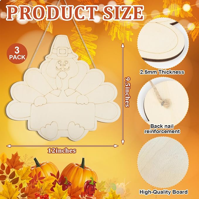 Large Size 12" Wooden Turkey Ornaments to Paint, Thanksgiving DIY Blank
