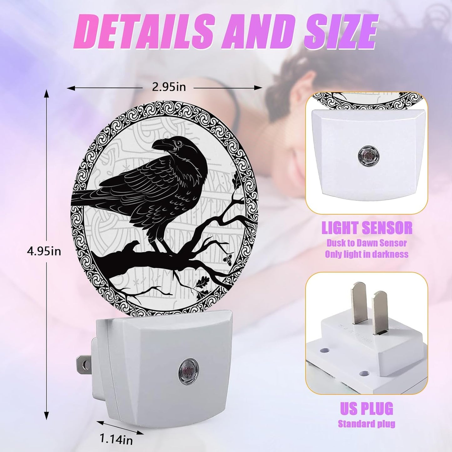Crow Night Light Black Bird Night Lights LED Lamp Round Plug into Wall Nightlight with Dusk to Dawn Sensor Home Hallway Stairway Kitchen Decor