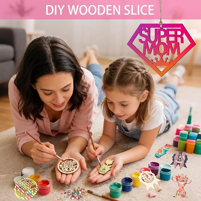Mom Gift 40Pcs 5 Style Unfinished Wooden Mother's Day Ornaments DIY Craft