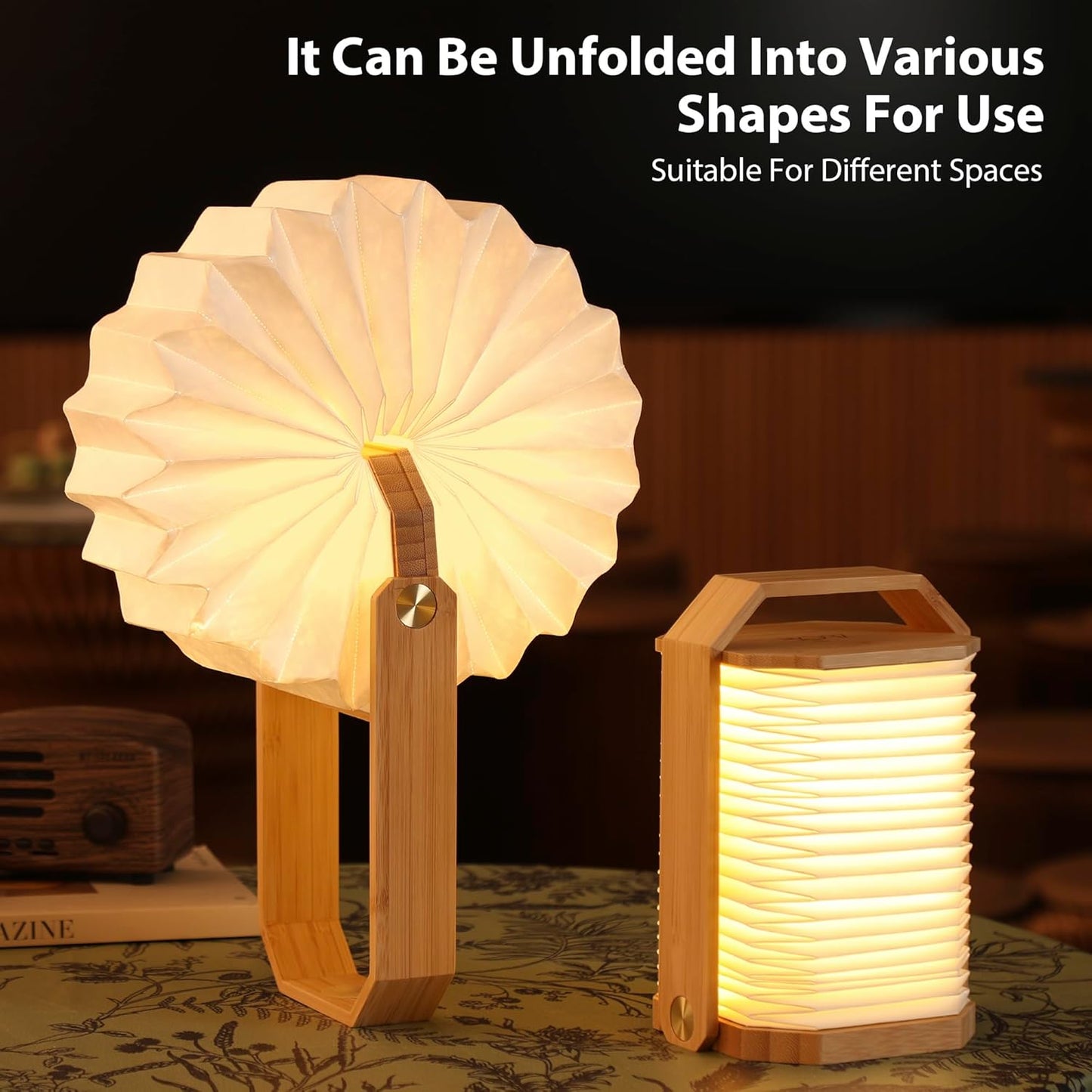 Portable Bamboo Lamp - Foldable Japanese Lantern with USB Charging, Waterproof Tear-Resistant Fiber Paper Shade, Accordion Travel Light for Home Decor Camping Gift