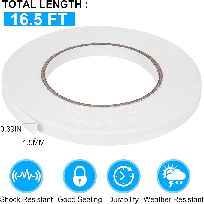 Double Sided Foam Tape 0.39In x 16.5FT, Mounting Tape Heavy Duty, Strong
