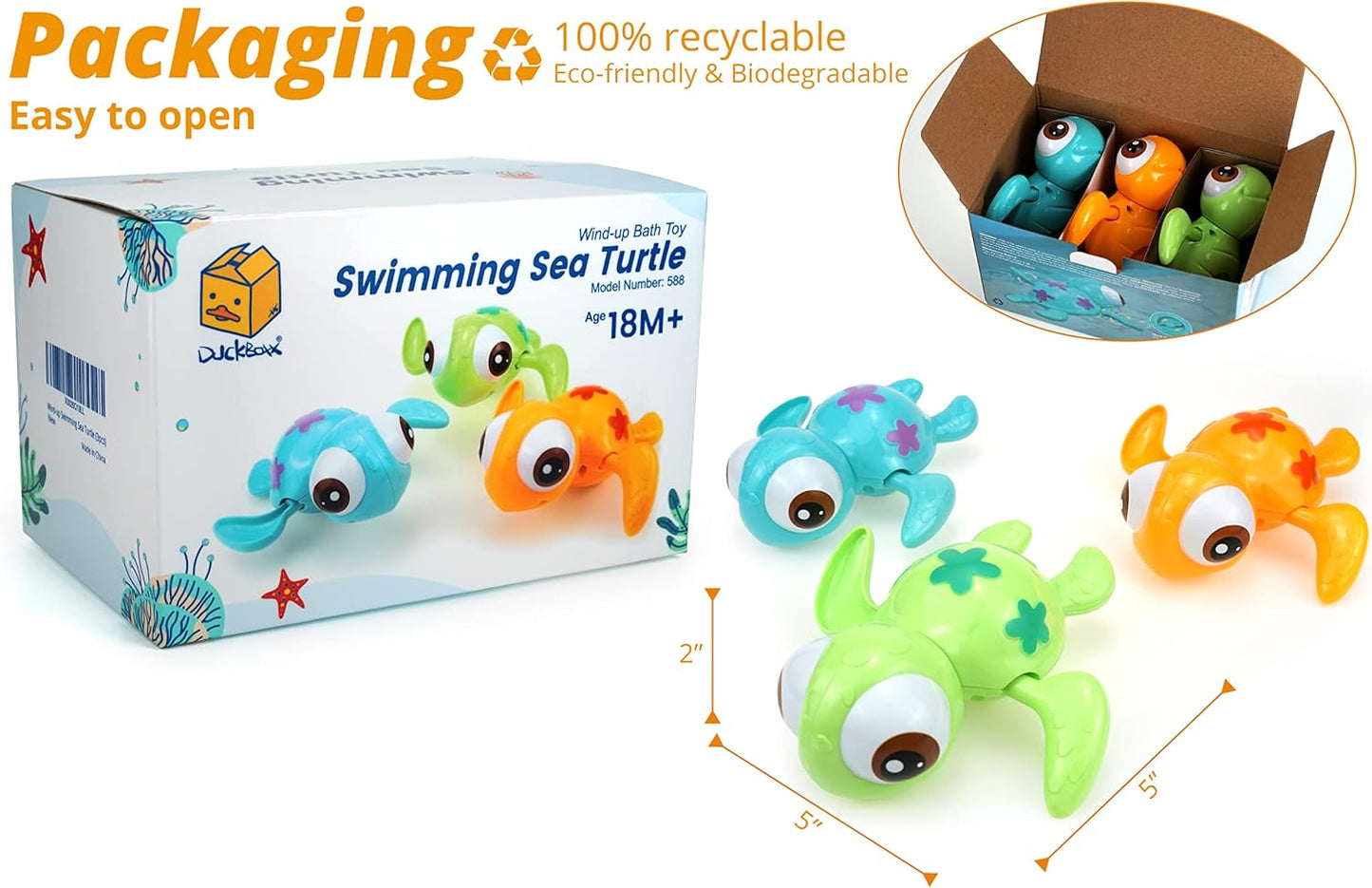 DUCKBOXX XX Wind-up Swimming Sea Turtles Bath Toy, No Battery Mold-Free Anti-Rust Interactive Montessori Toy for Kids 18M+ (3pcs)