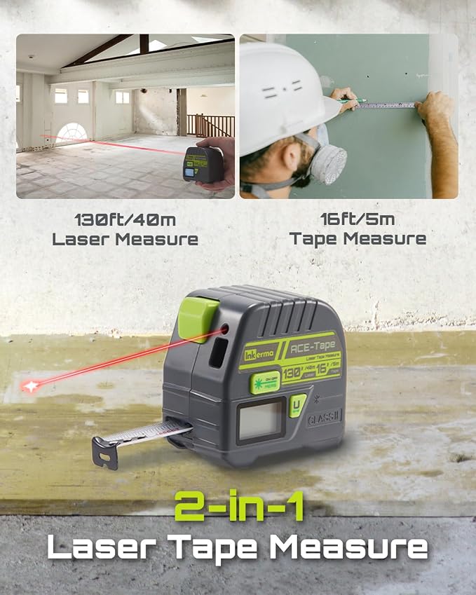 Laser Tape Measure 2-in-1, Inkerma 130Ft Laser Measurement Tool & 16Ft