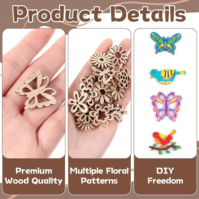 100 PCS Unfinished Wood Crafts Wood Slice Leaf Bird Flowers Butterfly Pattern