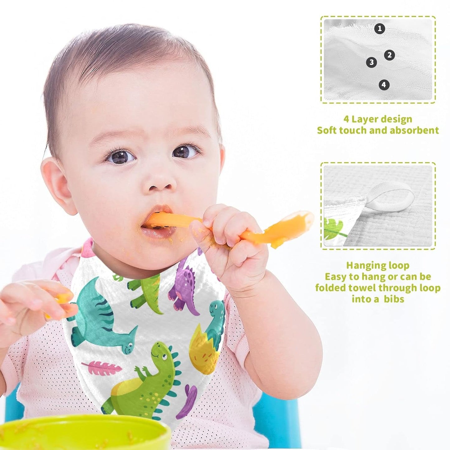 Cartoon Dinosaur Baby Muslin Washcloths Cute Burp Cloths Soft Absorbent Baby Wash Cloth Fingertip Face Towels for Newborn Boys Girls 12 x 12 in, 3 Pack
