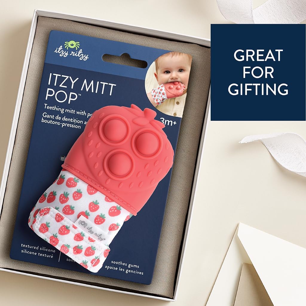 Itzy Ritzy Silicone Teething Mitt - Soothing Infant Teething Mitten with Adjustable Strap, Crinkle Sound & Textured Silicone to Soothe Sore & Swollen Gums - for Ages 3 Months & Up (Strawberry)