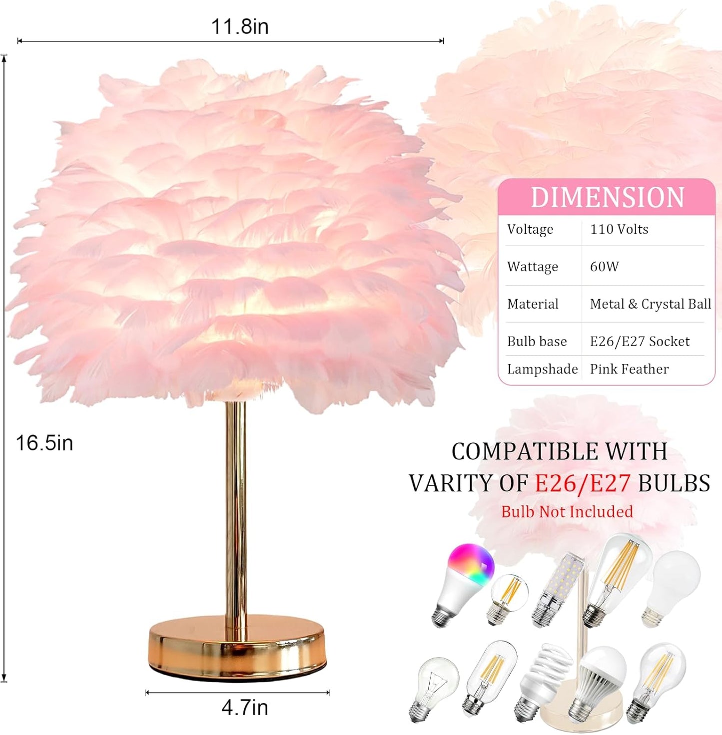 ZYLEIESENBAO Pink Feather Lamp Cute Romantic Goose Feather Table Lamp Furry Nightstand Light with Gold Base Bedside Lamp for Girl Bedroom Wedding Living Room Hotel Decorative