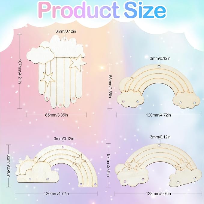 40 Pcs 4 Styles Unfinished Wood Rainbow Cutouts Wooden Rainbow Charms