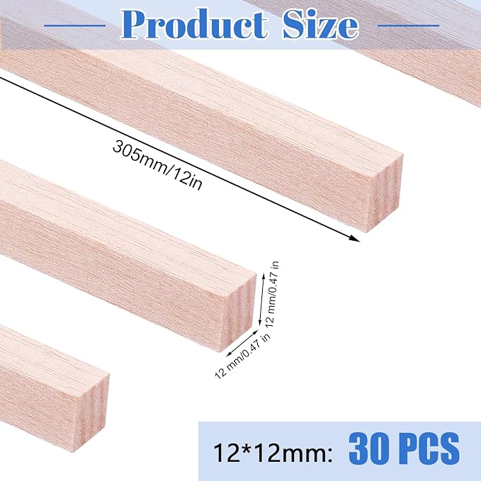30 Pieces Balsa Wood Sticks 1/2 x 1/2 x 12 Inch Wood Strips Balsa Square Wooden