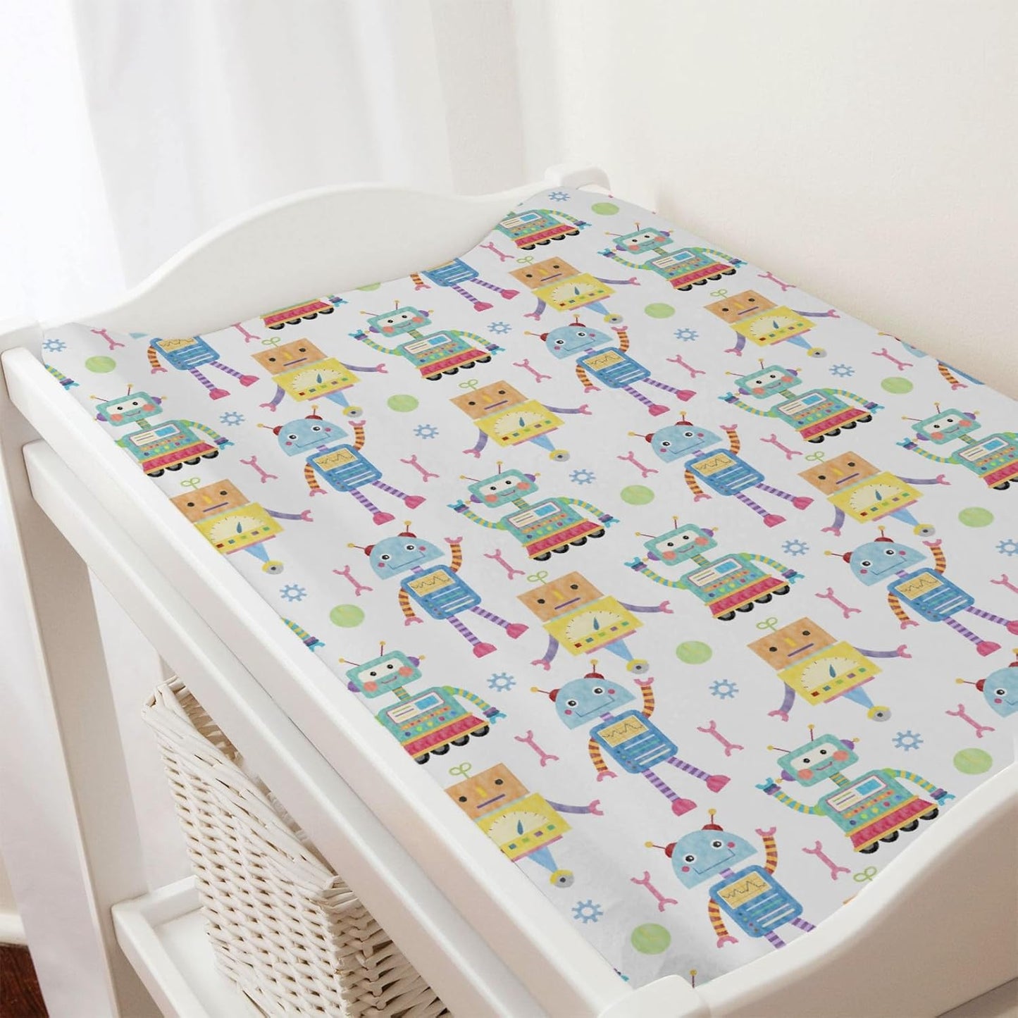 Cartoon Robots Changing Pad Covers Cute Robots Baby Diaper Changing Table Cover for Boys Girls Robots Nursery Decor Ultra Soft Breathable Stretch Changing Table Sheets Mats 32''x16''