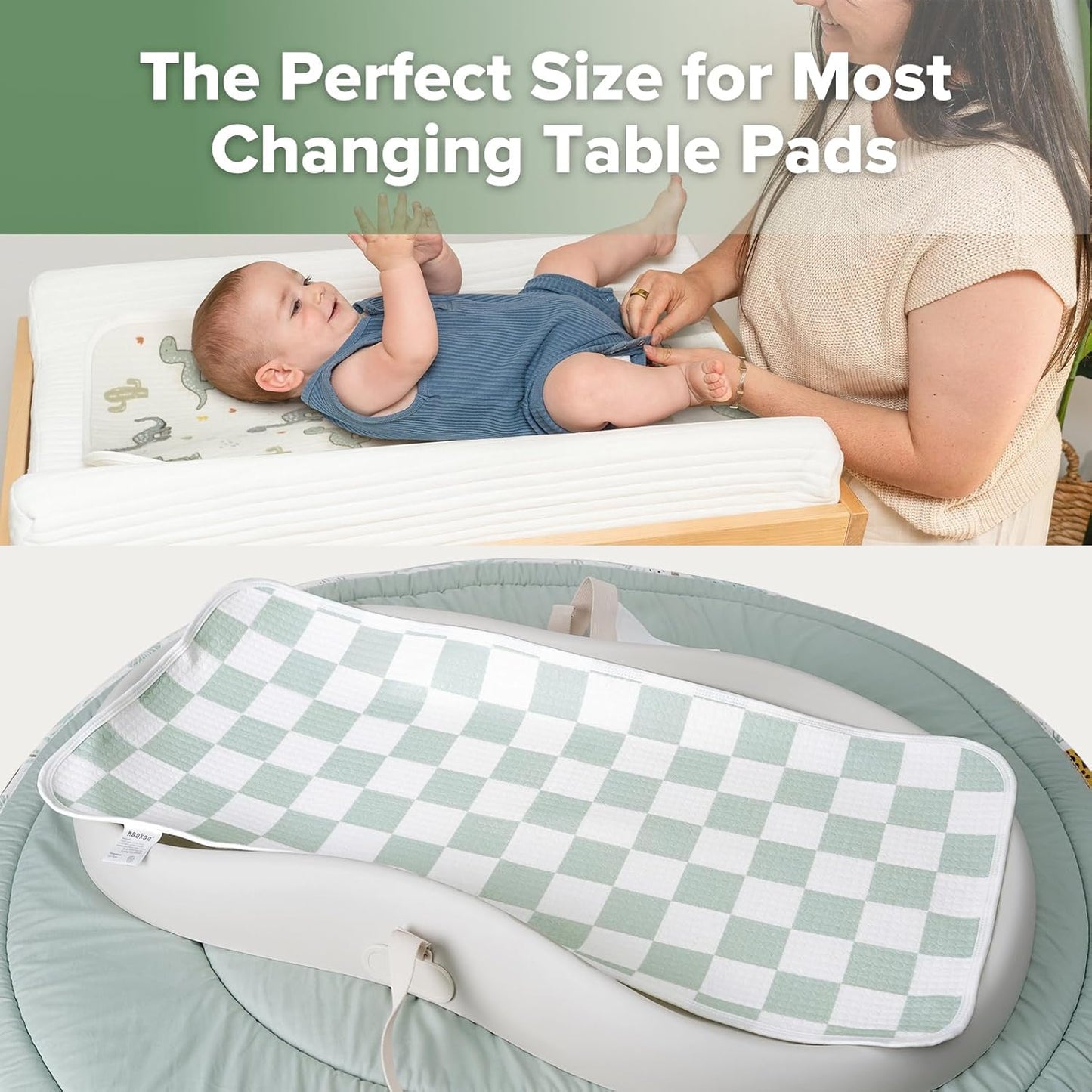 haakaa Waterproof Changing Pad Liners, 100% Cotton, Soft & Breathable (2pcs, 13" x 27.5" Dino Land+Checkered Days)