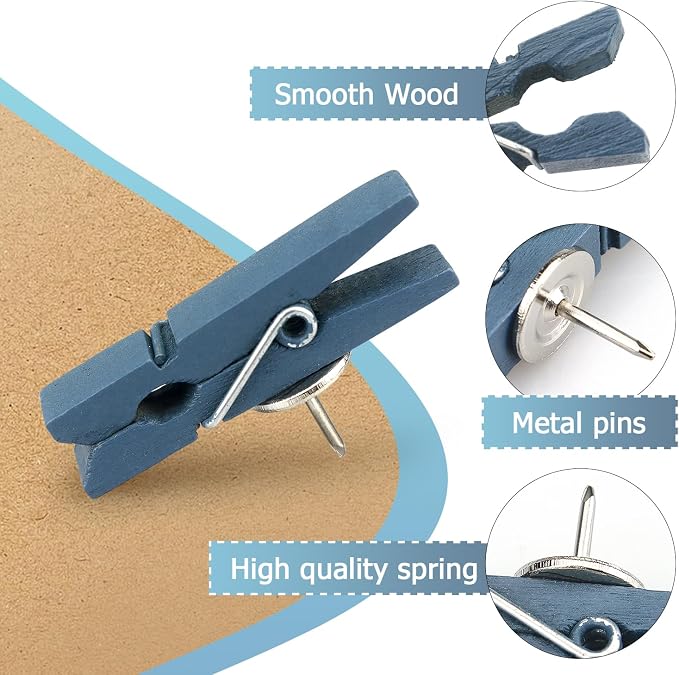 50 PCS Wooden Clips Push Pins Tacks