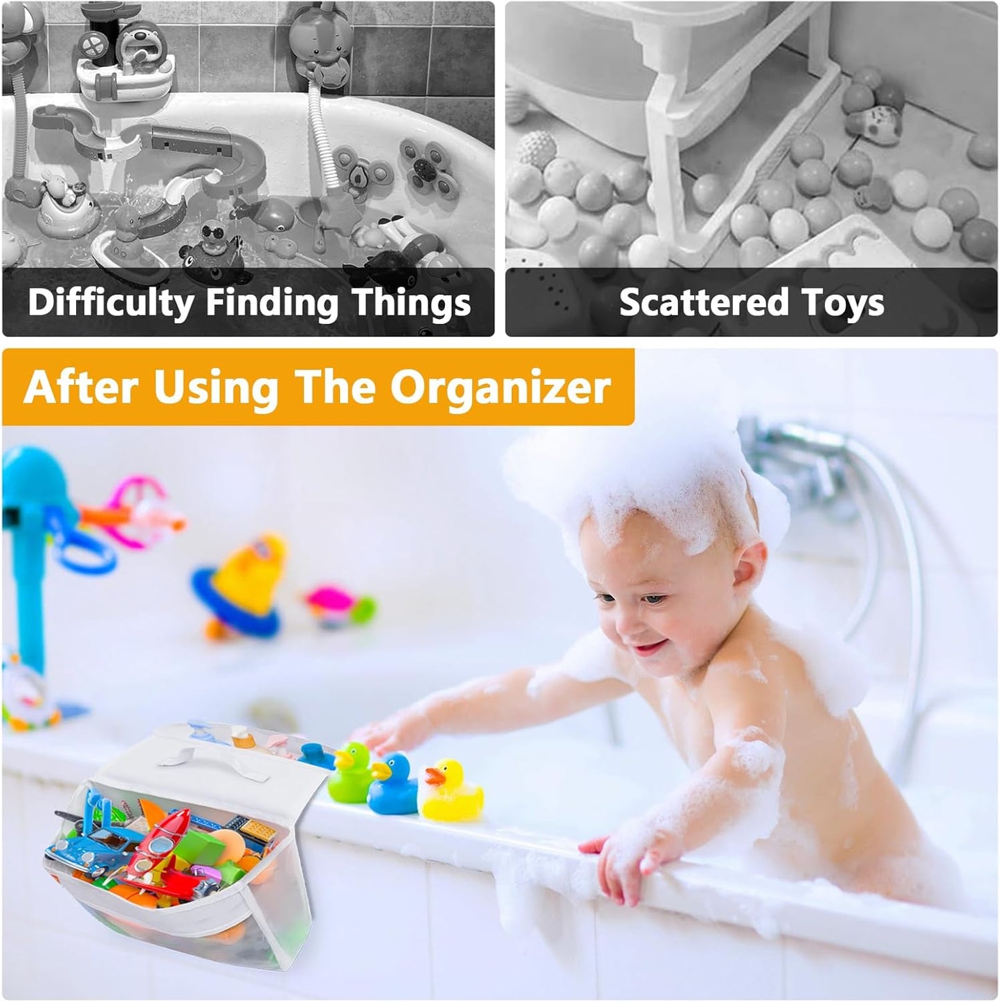 Bath Toy Organizer with 2 Pockets, Large Capacity Mesh Storage with Grip, Quick Dry, Perfect for Organizing Toys and Bath Essentials, Fits 6-Inch Tub Edges