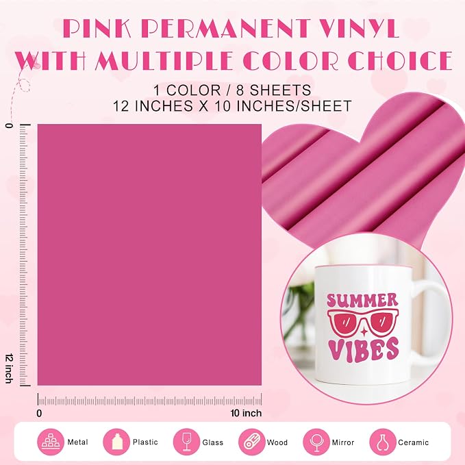 Tintnut Pink Permanent Vinyl 8pcs 12x10in Mulberry Pink Adhesive Vinyl | Solid