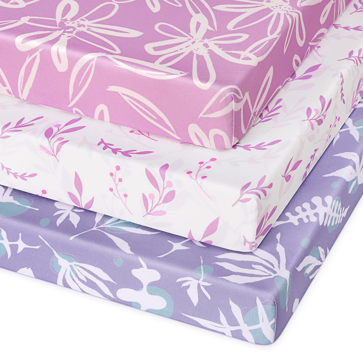 Pack and Play Sheets Fitted 3 Pack, Mini Crib Sheets for Pack N Play Mattress Stretchy Portable Playard Sheets, Soft Breathable Purple Leaf