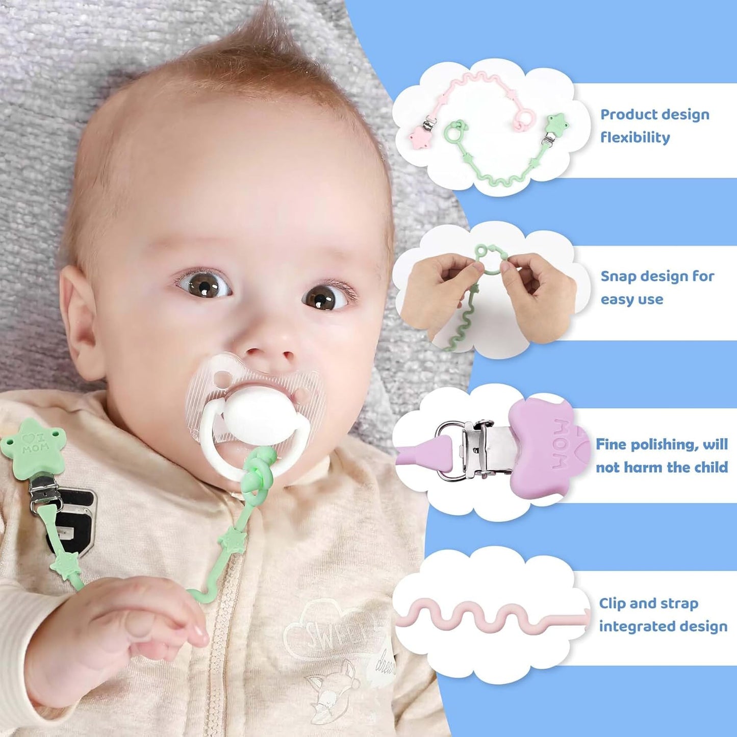 Baby Toy Strap, RTMOK Silicone Bottle Holding Clip, has 1 Toy Strap to Hold Bottles, 3 Toy Straps to Hold Any Toy, Plus 2 Free Silicone Pacifier Clips
