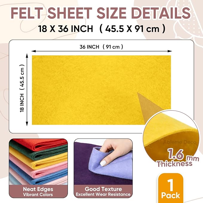 Soft Felt Fabric Sheet 18" x 36", 1.6mm Acrylic Craft Felt, Large Precut Sheet