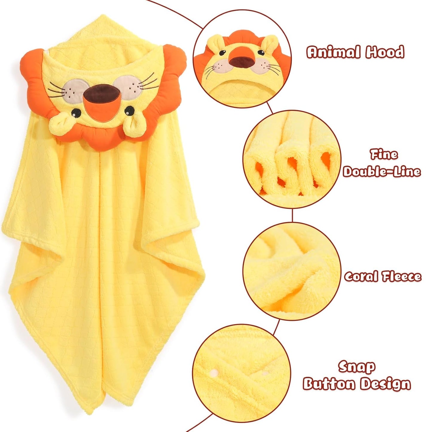Kids Bath Towels with Hood, Soft and Thick Hooded Towels for Toddlers 3-5, 2 PCS Cute Animal Face Premium Coral Fleece with Large Size 50 in*32 in, Orange Tiger & Yellow Lion Set