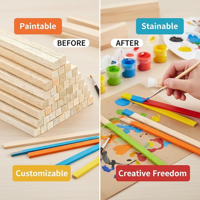 Yulejo 50 Pieces Balsa Wood Sticks, 1/2 x 1/2 x 12 Inch Square Wooden Dowels