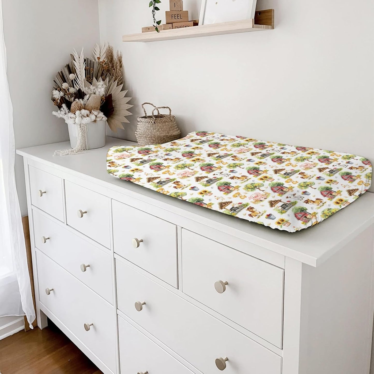 Cute Farm Animals Baby Changing Pad Covers for Boy Girl 32''x16'' Farm Chicken Lamb Pig Dog Horse Barn Sunflower Fitted Diaper Changing Table Sheets Spring Farm Life Soft Breathable Change Table Mats