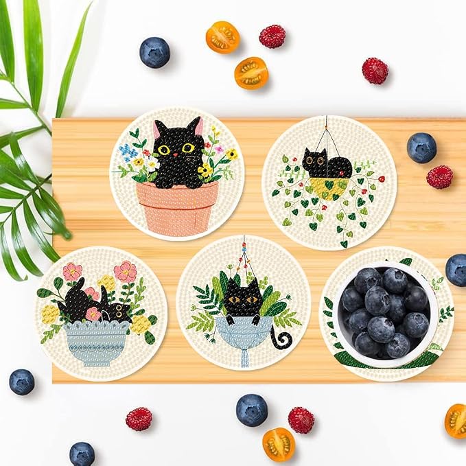 Clendo 8 Pcs Black Cat Diamond Art Coasters Kit