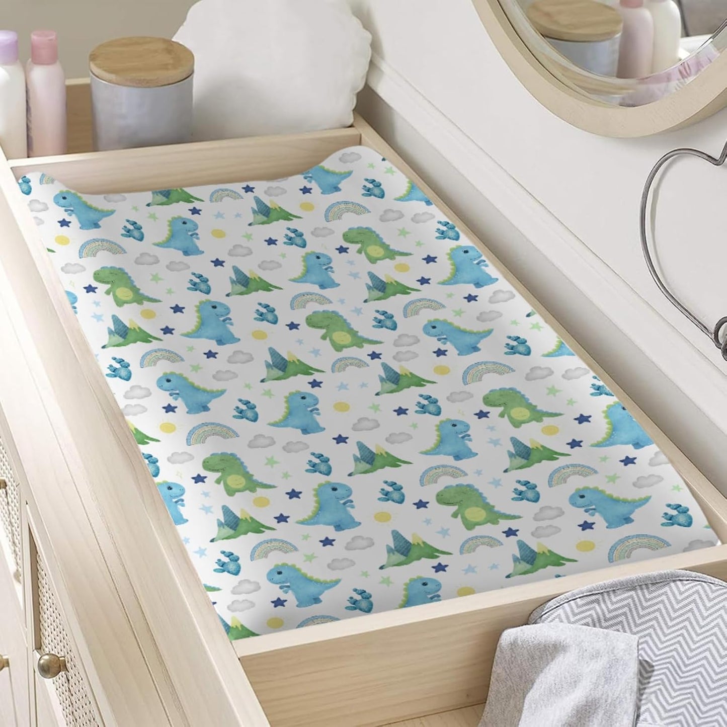 Dinosaur Rainbow Diaper Changing Pad Cover Sheets for Boy Girl 32''x16'' Cartoon Dino Sun Star Cactus Mountain Unisex Fitted Changing Table Covers Comfort Soft Breathable Baby Changing Table Mats