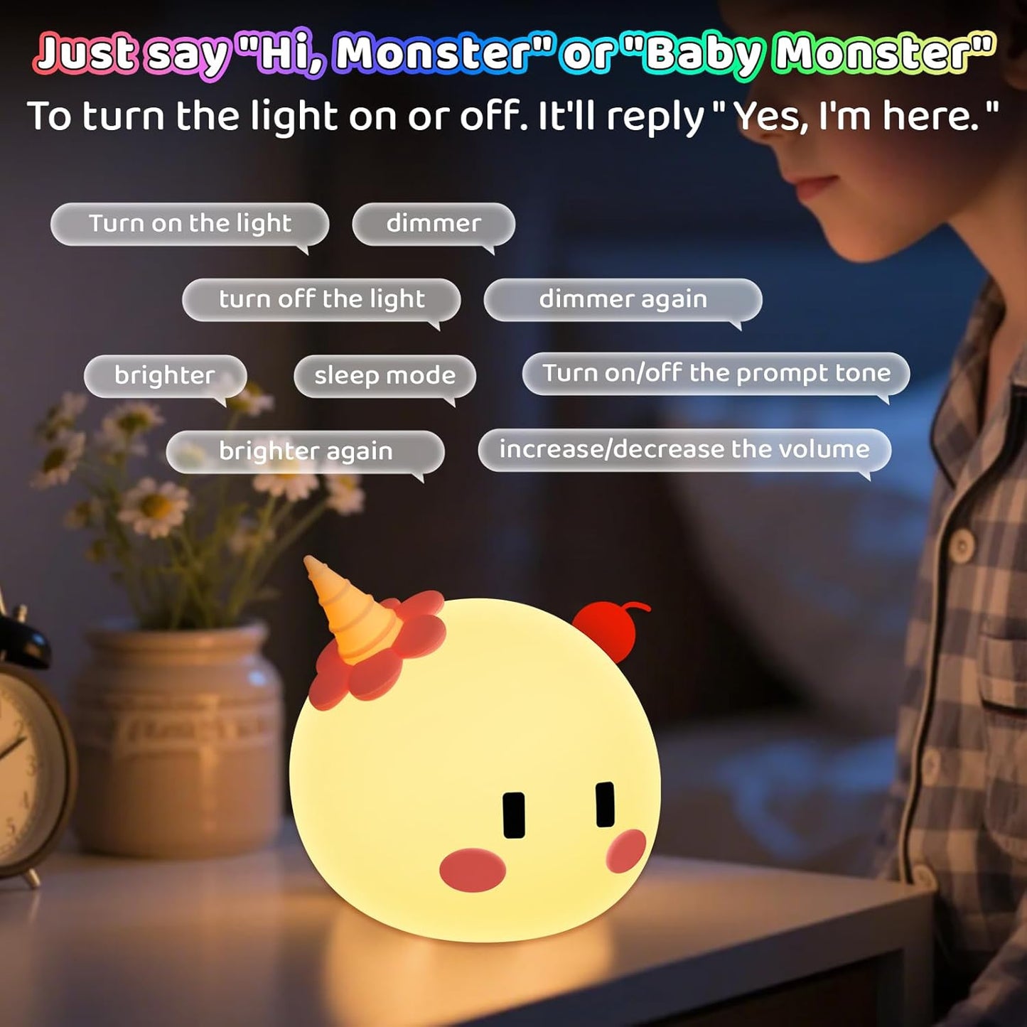 Monster Night Light for Kids, 8-Color Modes & Voice Controlled Light Lamps, Cute Soft Touch Silicone Portable Rechargeable Touch Nightlight for Breastfeeding, Bedroom Decor, Boys and Gifts for Girls
