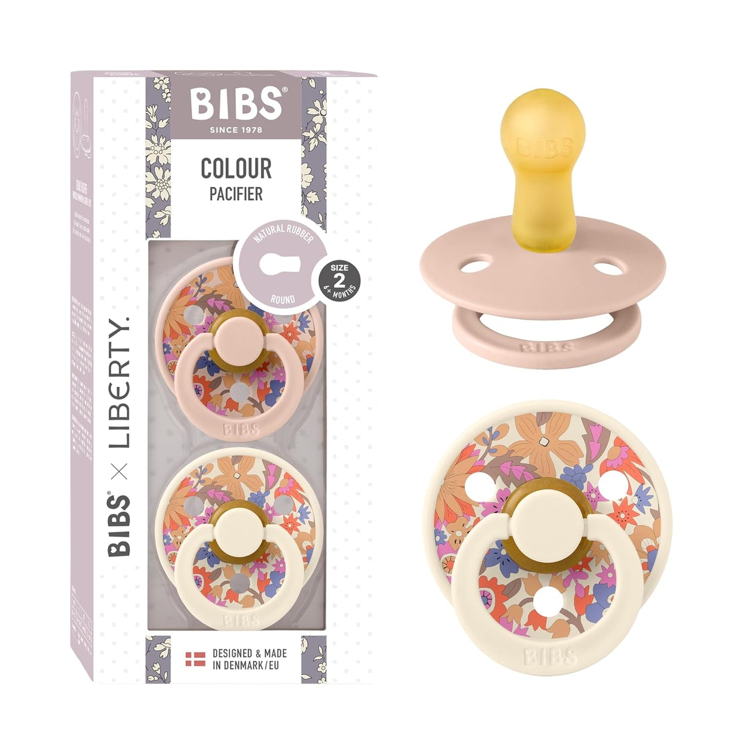 BIBS Colour Liberty Soother 2-Pack, BPA Free Dummy Pacifier, Round Nipple. Natural Rubber Latex, Made in Denmark, Size 2 (6-18 Months), June Blossom Blush Mix