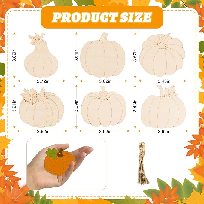 24 PCS Unfinished Wooden Fall Crafts, Pumpkin Shaped Hanging Ornaments DIY Wood