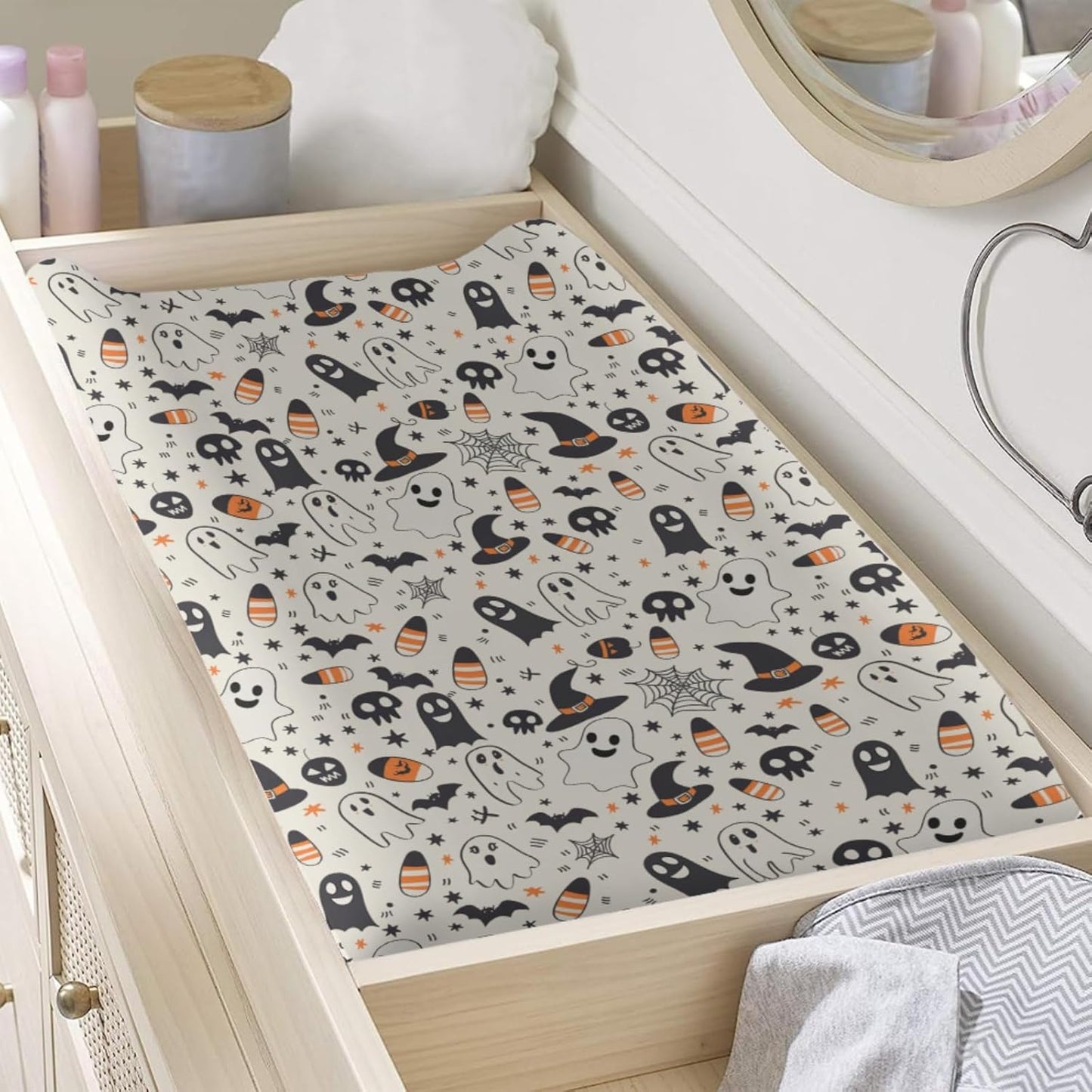 Funny Halloween Skull Bats Witch Hats Stars Pattern Baby Changing Pad Cover, Unisex Fall Winter Holiday Nursery Diaper Changing Table Pad Mat Sheet for Boys Girls-16x32