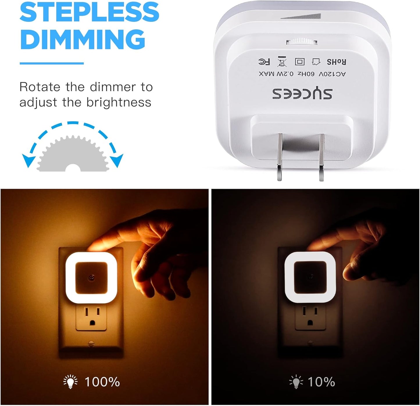Dimmable LED Night Light with Dusk-to-Dawn Sensor for Nursery, Kids Room, Bedroom, Hallway, Stairs, Bathroom, Kitchen, Warm White, Pack of 4