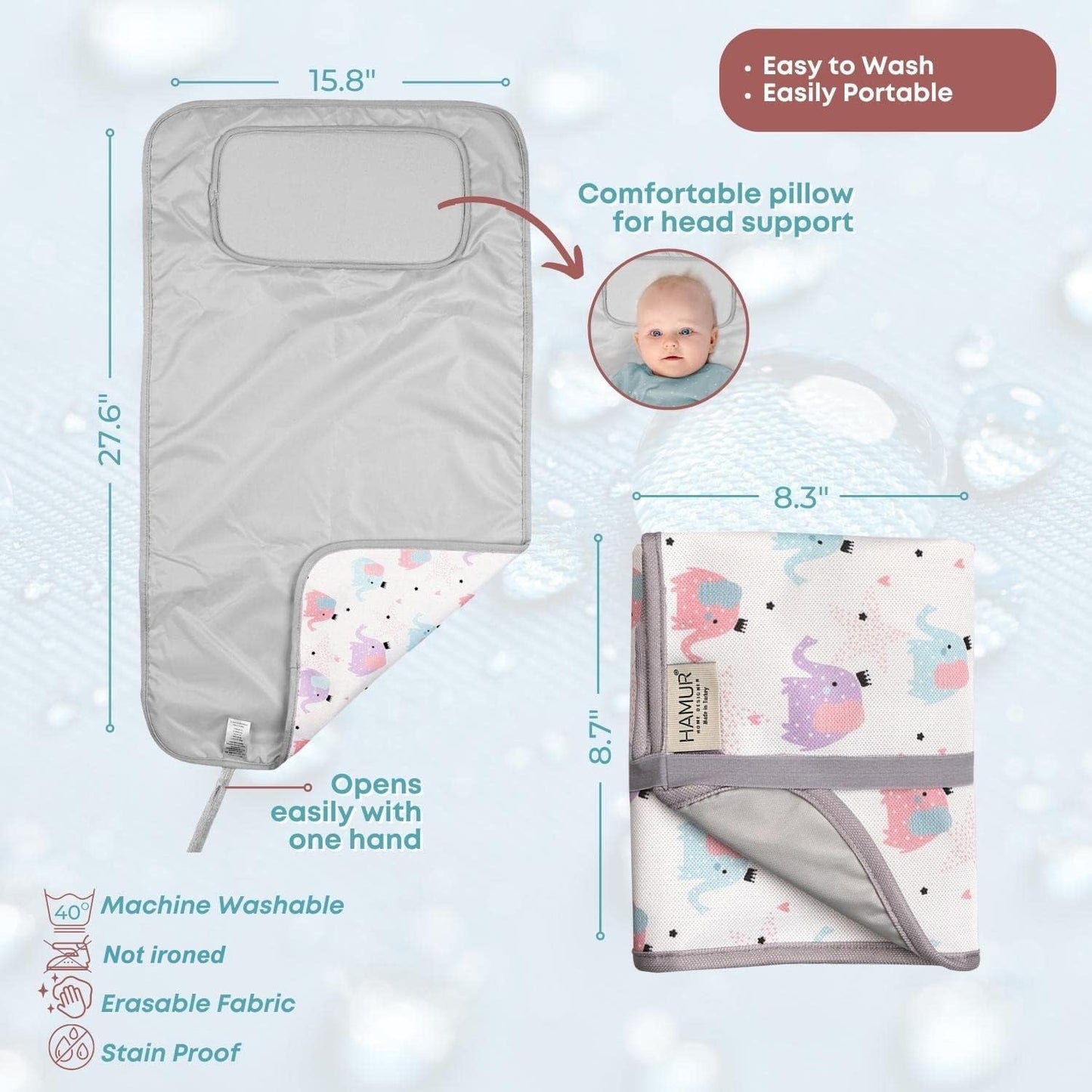 Hamur Home Portable Changing Pad – Waterproof, Washable & Easy Wipe Clean, Foldable Travel Baby Changing Mat for Diaper Bag, Compact & Lightweight, Must-Have for Newborns (Elephant Pattern)