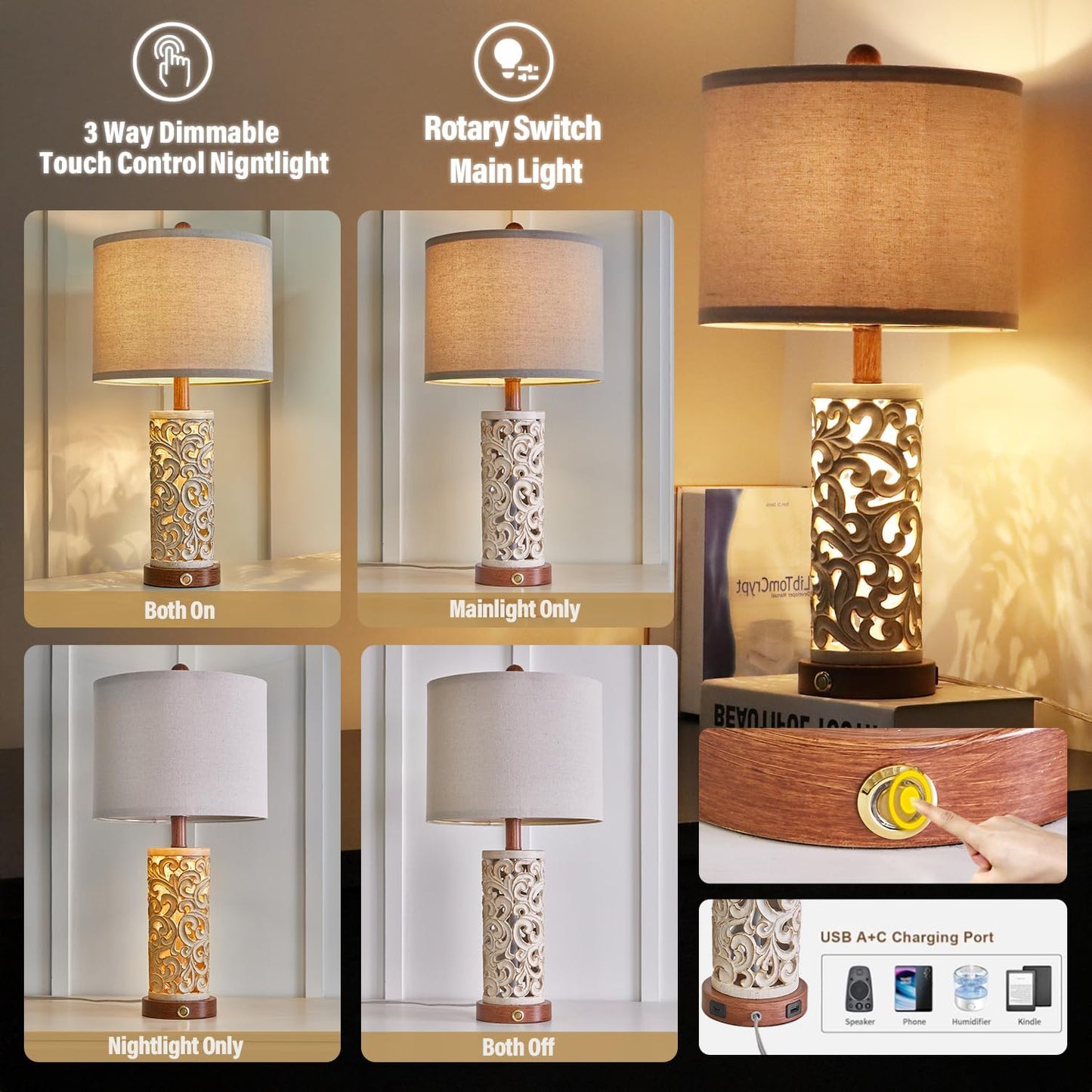 OYEARS 3-Way Dimmable 22'' USB A+C Touch Control Table Lamp with Nightlight for Living Room Bedroom Farmhouse Bedside Nightstand Lamps (Brown Bulb Included