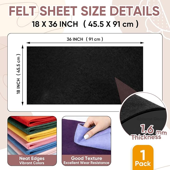 Soft Felt Fabric Sheet 18" x 36", 1.6mm Acrylic Craft Felt, Large Precut Sheet