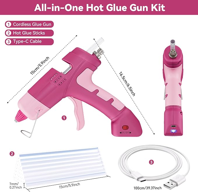 20W Cordless Hot Glue Gun with 30 Sticks Set, Rechargeable Pink Mini Glue Gun