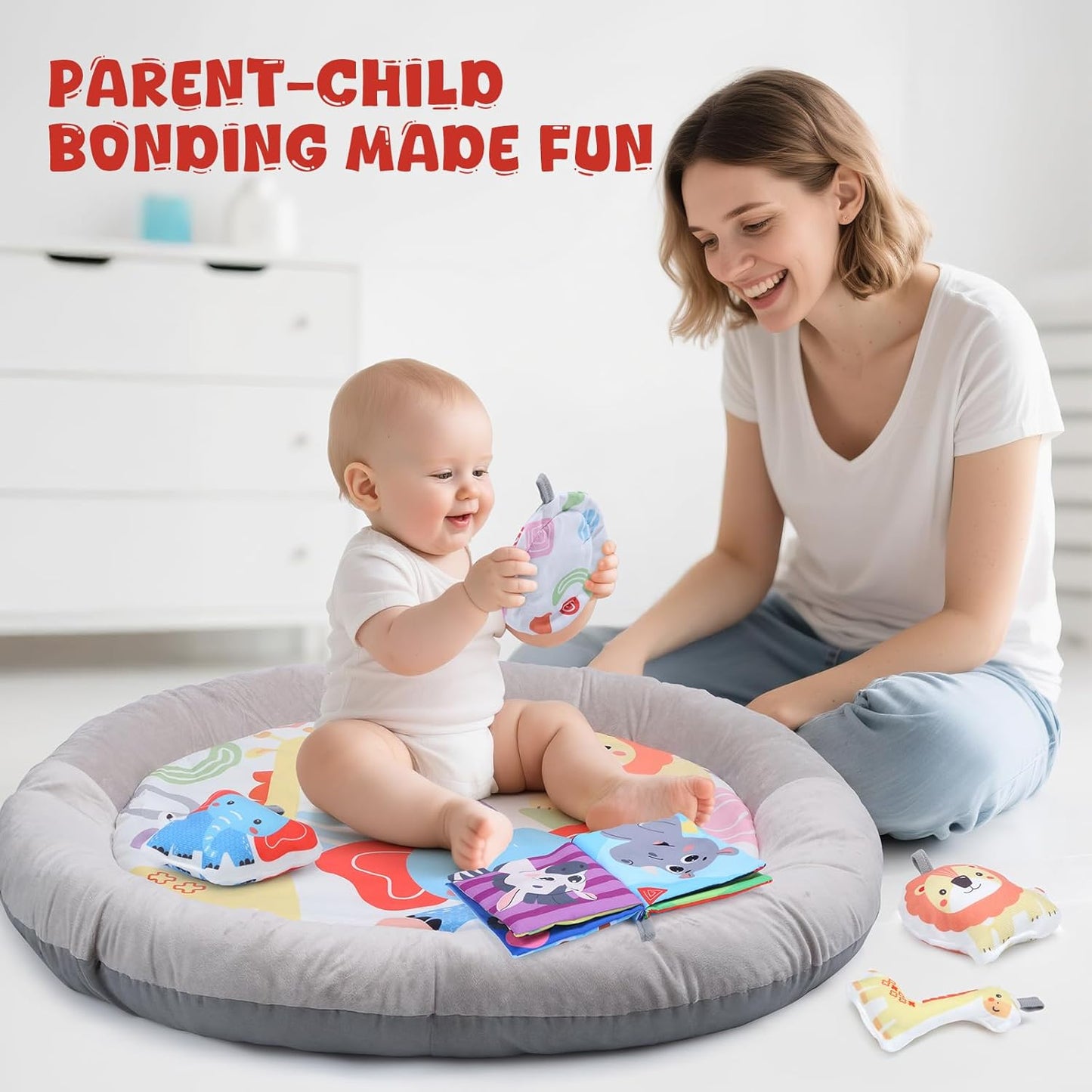 CUTE STONE Baby Play Gym & Tummy Time Mat with Lights, Sounds, Detachable Toys, Adjustable Volume Activity Gym Baby Mat for Infant Sensory & Motor Development, Newborn Baby Gift