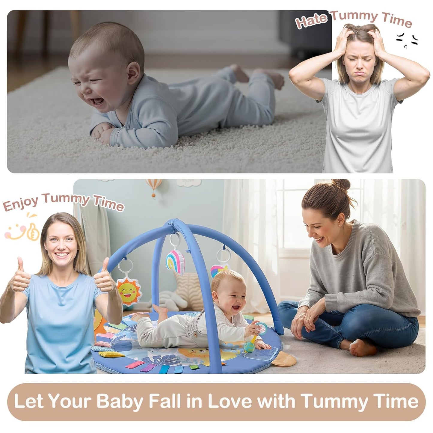 Baby Play Gym Mat Tummy Time Mat, Washable Baby Activity Play Mat for Sensory, Visual, Hearing, Touch Development, Baby Toys Shower Gift for Newborn