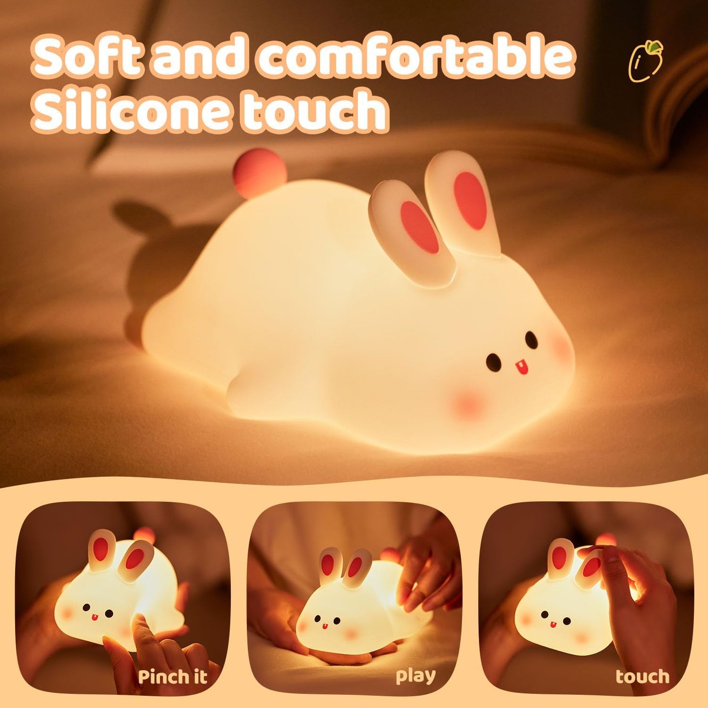 Big Face Rabbit Silicone Night Light for People - Squishy Bunny LED Lamp with Soft Touch, USB Rechargeable & Touch Control - Cute Decorative Bunny Light for Room.