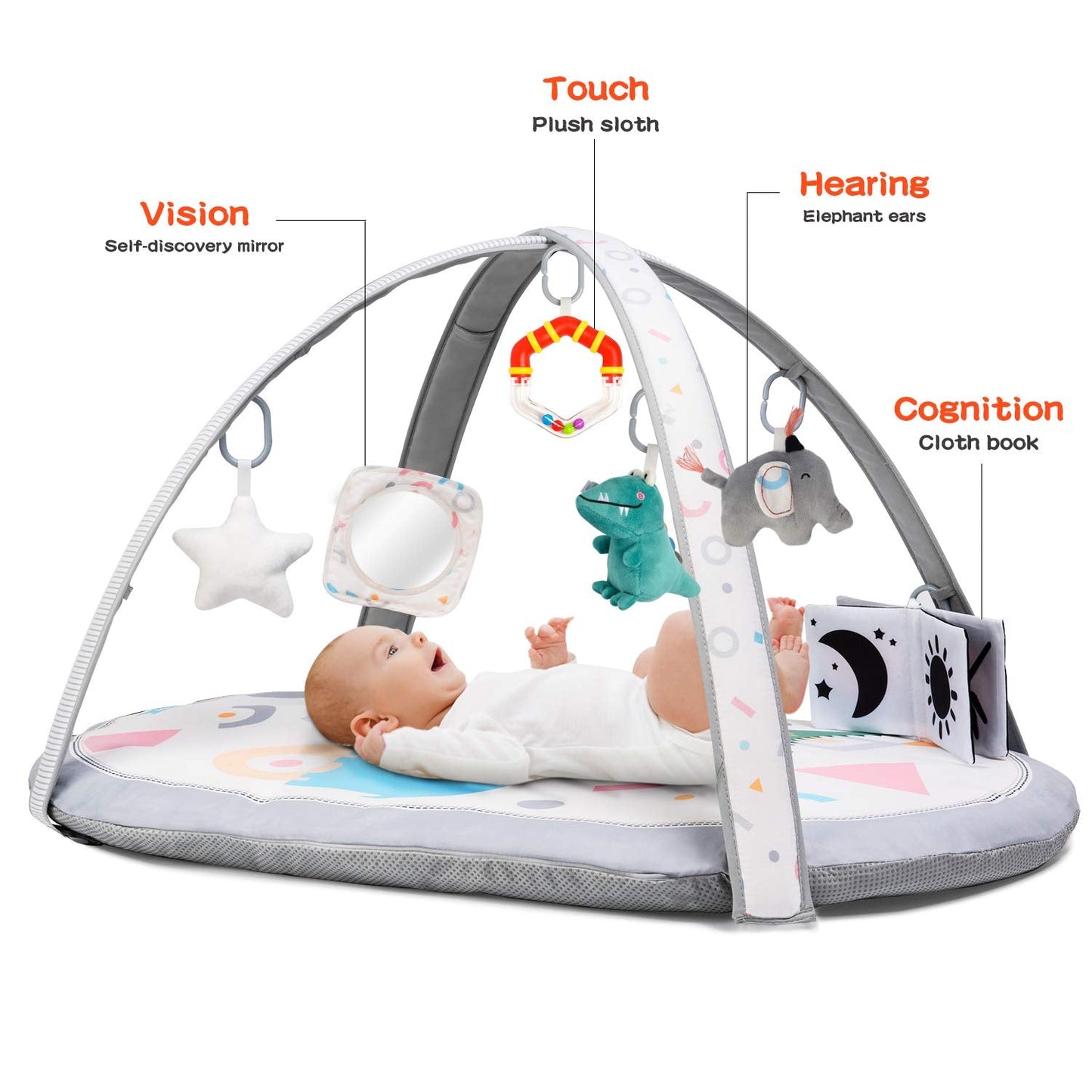 Lupantte 7-in-1 Baby Play Gym Mat with 2 Washable Covers, Infant Activity Mat with 6 Sensory Toys for Visual, Hearing & Cognitive Development, Thick Non-Slip Playmat for Babies & Toddlers