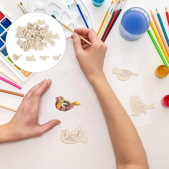 50pcs Wooden Bird Pattern DIY Craft Embellishments – Unfinished Wood Slices