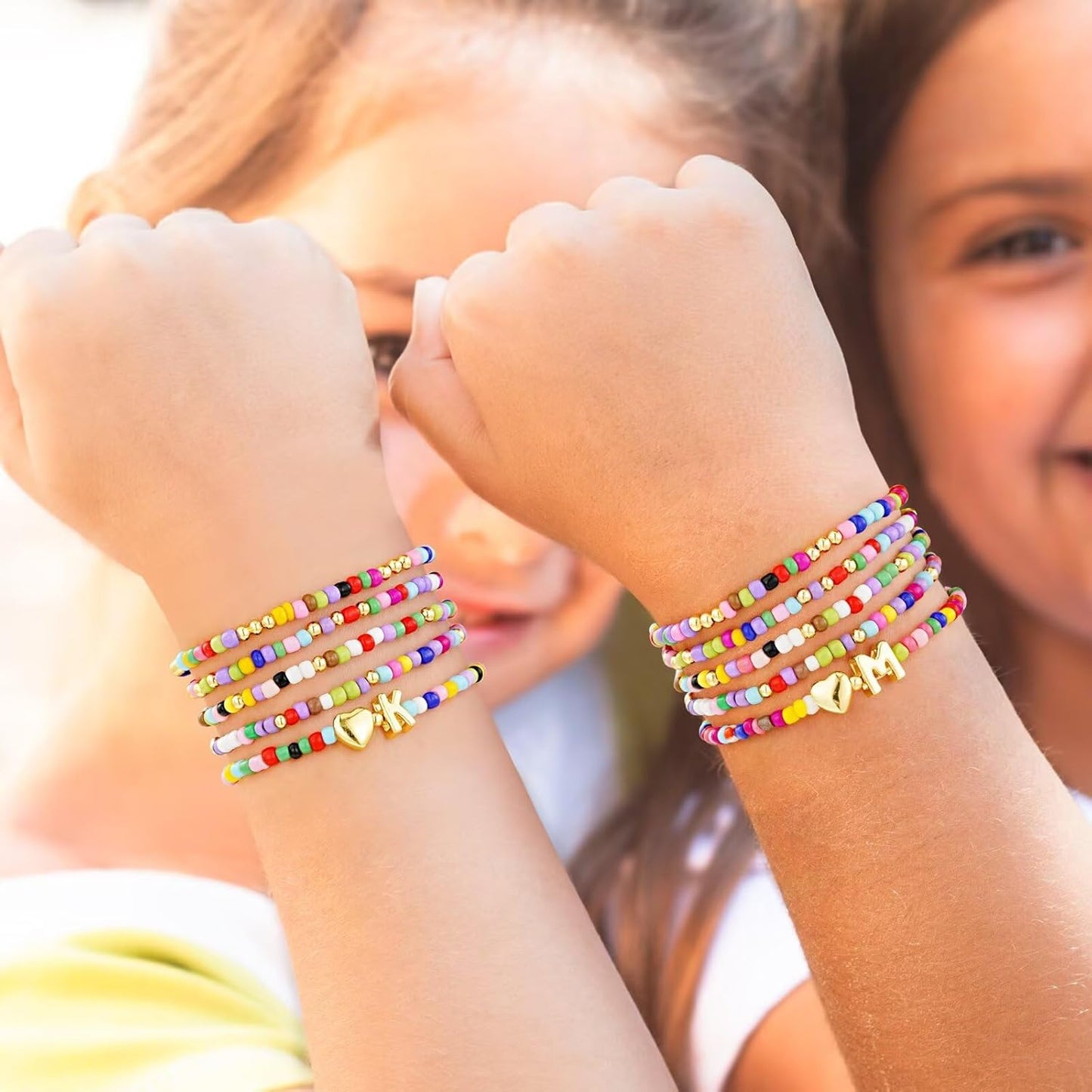 M MOOHAM Stocking Stuffers for Kids Girls Teen - 5PCS Colorful Beaded Initial Bracelets for Women Girls, Cute Stretch Heart Letter Bohemian Stackable Bracelet Birthday Gifts Jewelry for Kids Teen Girl