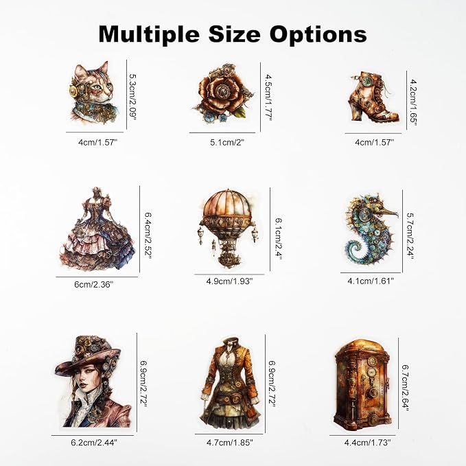120PCS Steampunk PET Stickers, Mechanical Cats, Planner Collage, Water Bottle