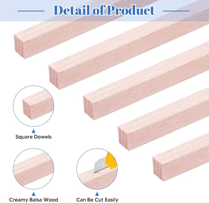 30 Pieces Balsa Wood Sticks 1/2 x 1/2 x 12 Inch Wood Strips Balsa Square Wooden