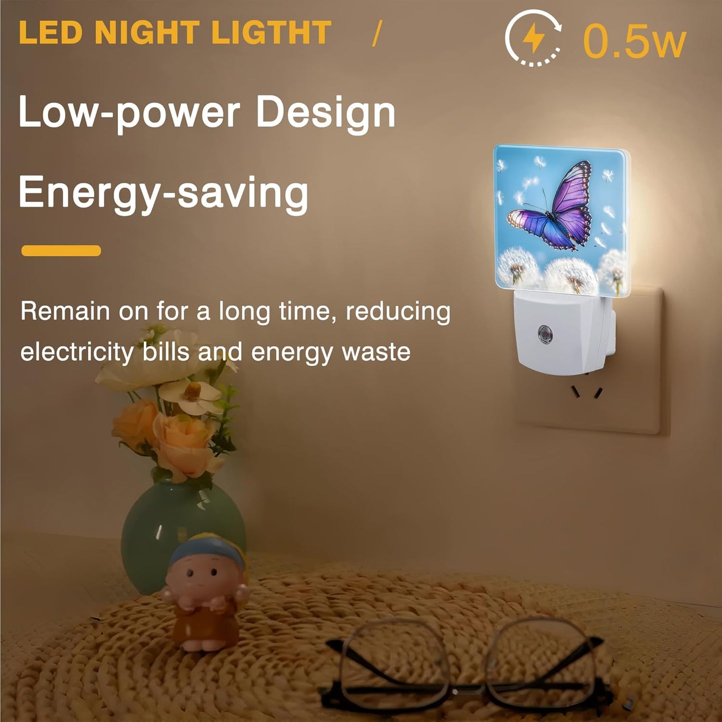 Flying Butterfly with Dandelion Night Light, Plug-in Nightlight with Dusk to Dawn Auto Sensor for Home Bedroom Hallway Kitchen 0.5W Sleep Friendly Led Lamp for Women Men