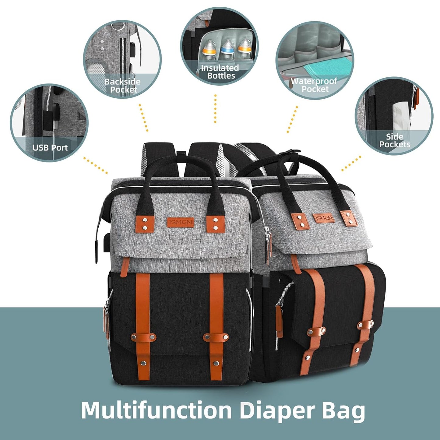 Diaper Bag Backpack with Changing Station, Large Diaper Bag, Baby Bag, Multifunctional Diaper Bag, GreyBlack