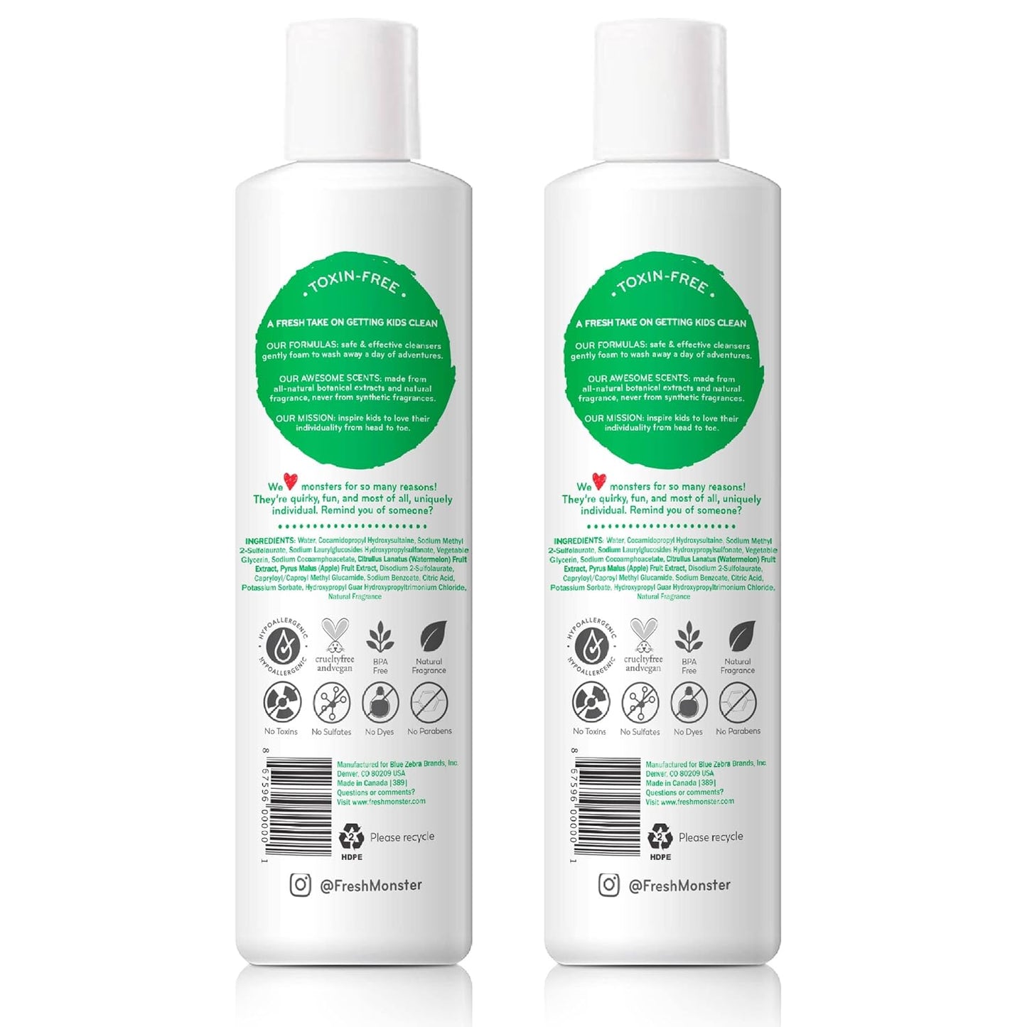 Fresh Monster 2-in-1 Kids Shampoo & Conditioner, Toxin-Free, Hypoallergenic, Tear-free Shampoo & Conditioner for Kids, Watermelon (2 Pack, 8.5oz/each)