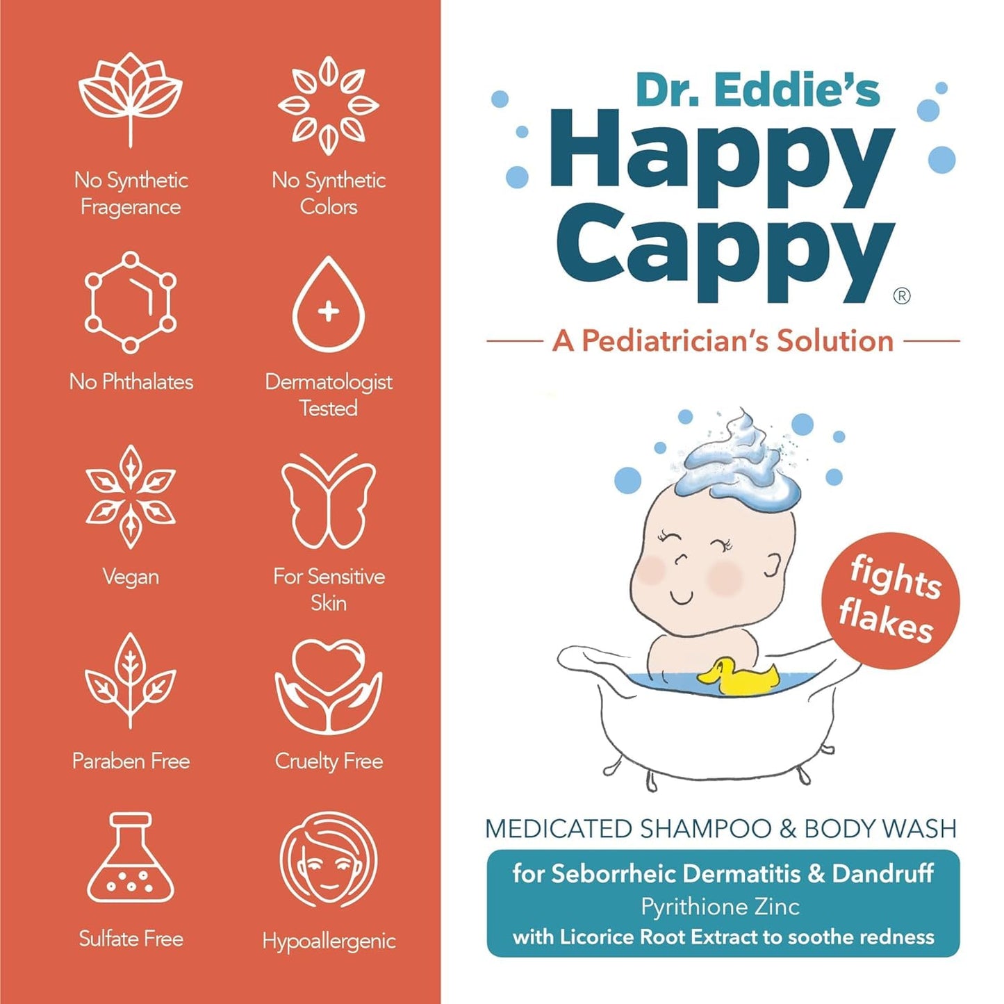 Happy Cappy Cradle Cap Medicated Shampoo and Body Wash with Comb - Baby Dandruff Shampoo, Helps Infants with Seborrheic Dermatitis, Reduces Flakes, Dermatologist Tested, Fragrance Free - 8 fl oz