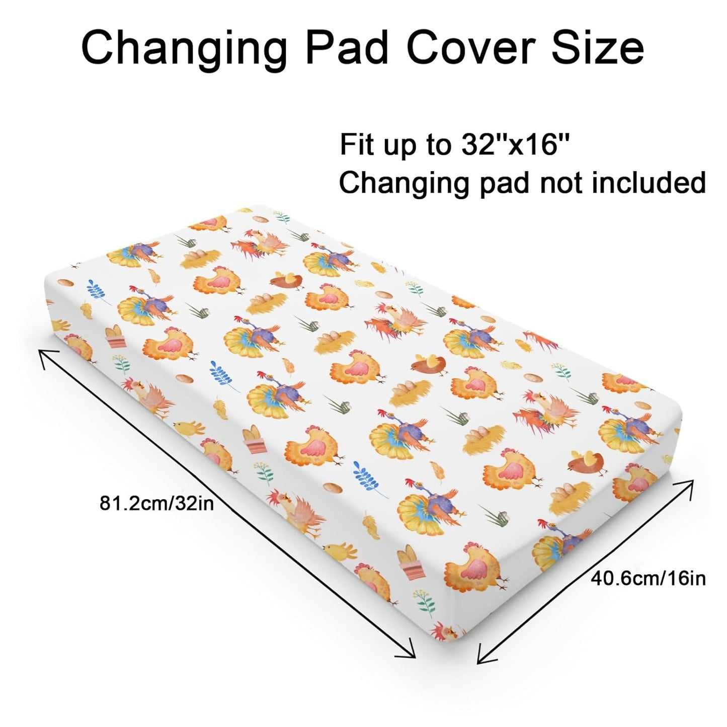 Rooster Hens Chicken Eggs Floral Leaves Changing Pad Cover for Boys Girls Baby Chicken Farm Animals Unisex Diaper Change Pad Table Sheets Soft Stretchy Snug Fitted Change Table Mats 32''x16''