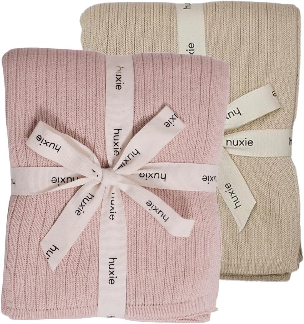 Knitted Organic Cotton Baby Blanket- Swaddle Blanket, 30" x 40" Soft Receiving Blanket for Newborn 2-Pack (Fog and Blush)