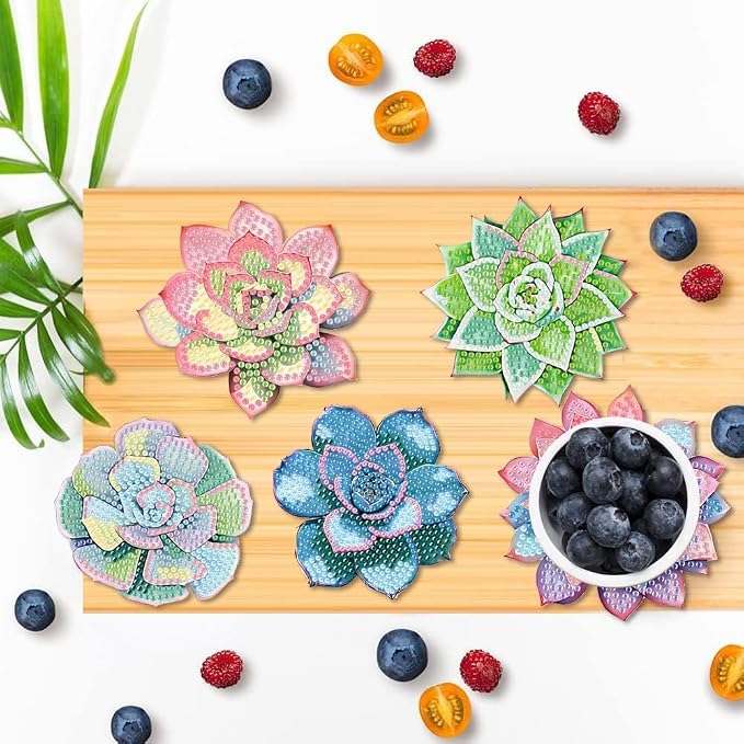 Clendo 8 Pcs Succulent Diamond Art Coasters Kit